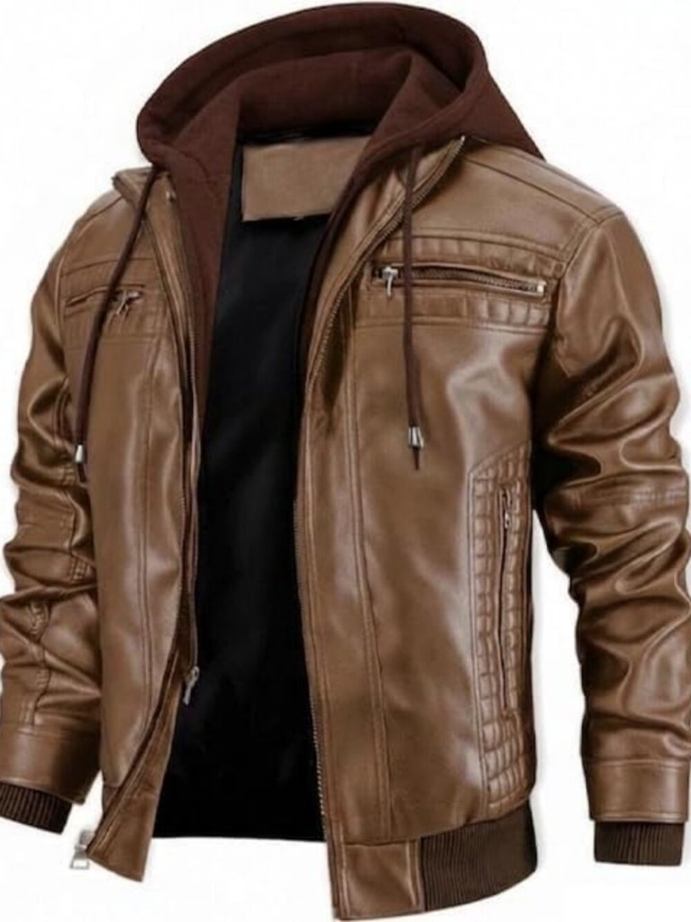 Men's Faux Leather Motorcycle Bomber Jacket with Removable Hood - Stylish